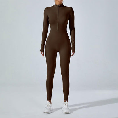 Seamless Sculpting Yoga Jumpsuit with Zipper Long Sleeve High Elastic Workout Bodysuit for Women for Outdoor Sports and Fitness