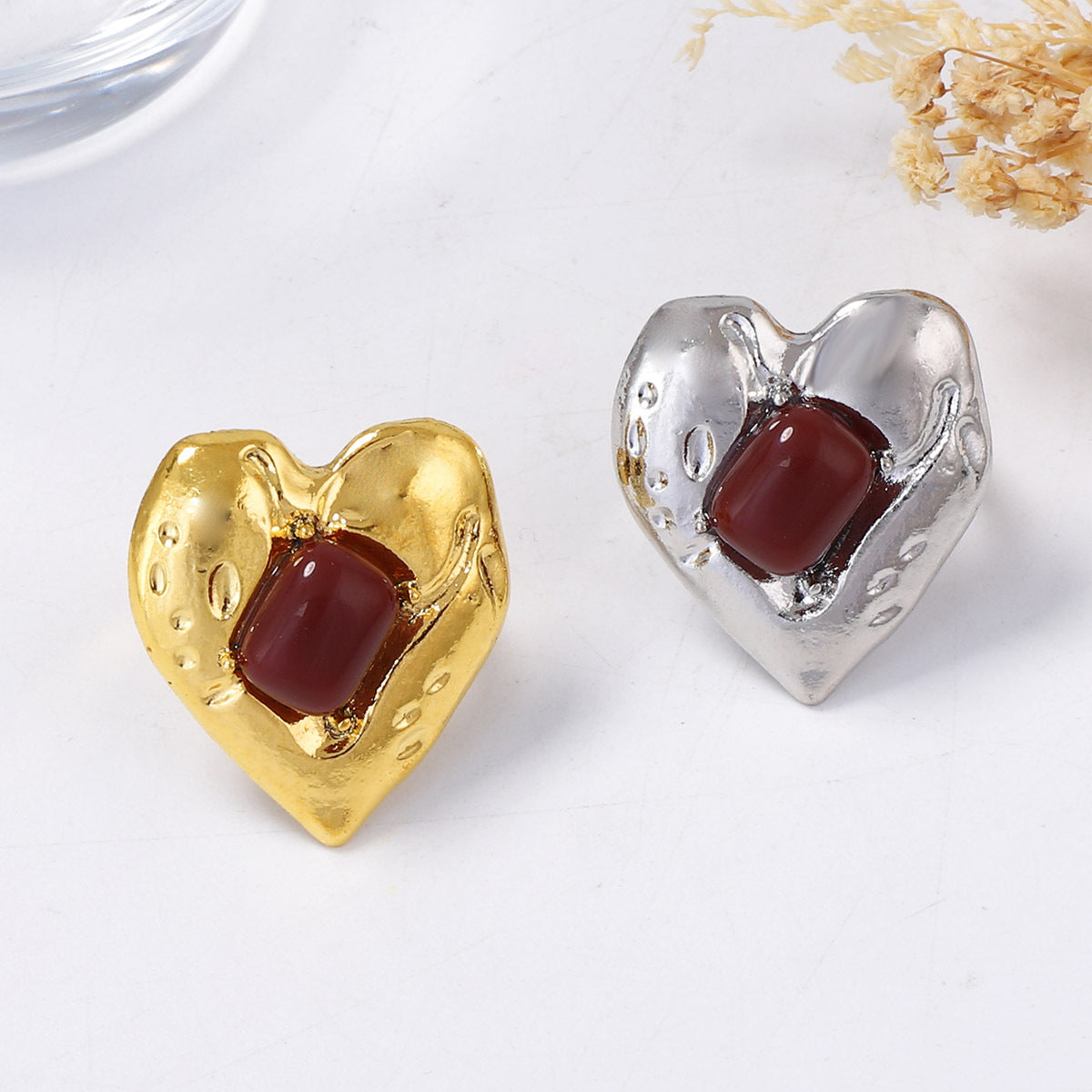 Vintage-Inspired Heart-Shaped Open Design Ring with Genuine Red Ruby Inlay - Timeless Alloy Jewelry for Women