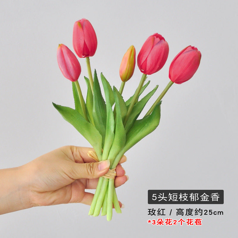 5-Head Short Stem Tulip Bouquet - Realistic Faux Flowers for Home Decor, Perfect Photo Props, and Soft Rubber Tulip Arrangement for Lasting Beauty