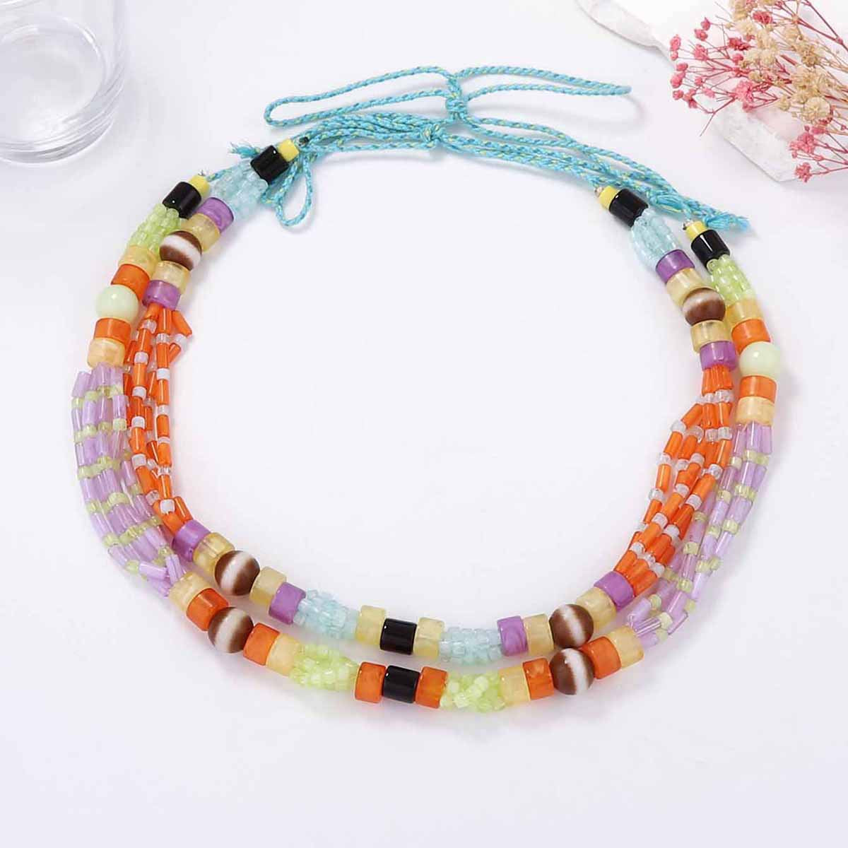 Bohemian-Inspired Colorful Beaded Rope Layered Geometric Multi-Layer Necklace for Women – Unique, Trendy, and Perfect for Any Occasion