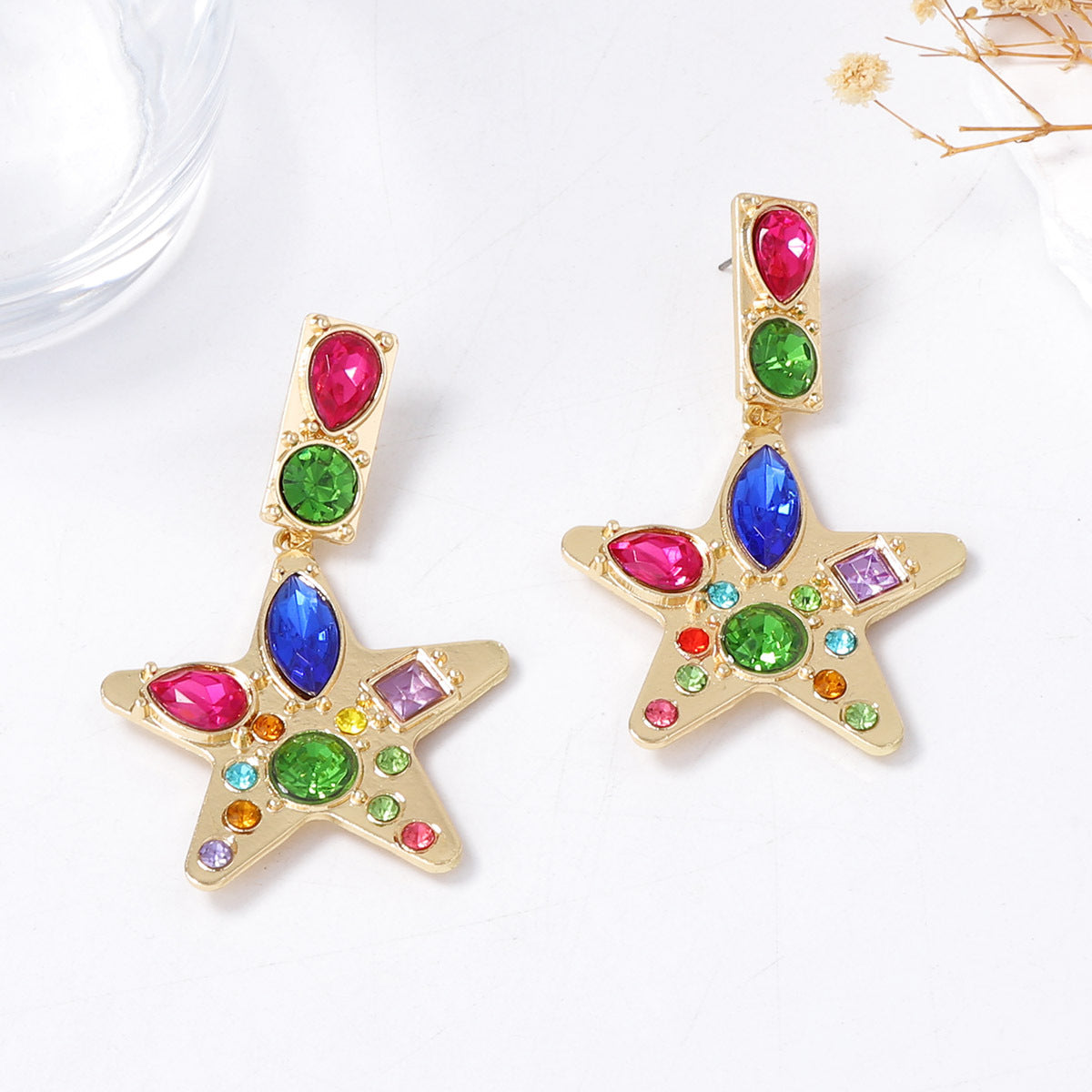 Chic & Exquisite Alloy Star Pendant Earrings with Colorful Gemstones – Bold Statement Jewelry for Modern Women