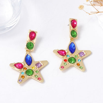 Chic & Exquisite Alloy Star Pendant Earrings with Colorful Gemstones – Bold Statement Jewelry for Modern Women