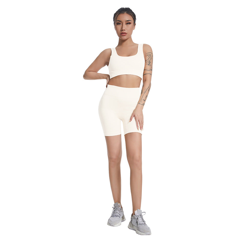 Seamless V Neck Ribbed Yoga Outfit Set for Women Striped Sports Bra and High Waisted Compression Shorts for Comfort and Flexibility