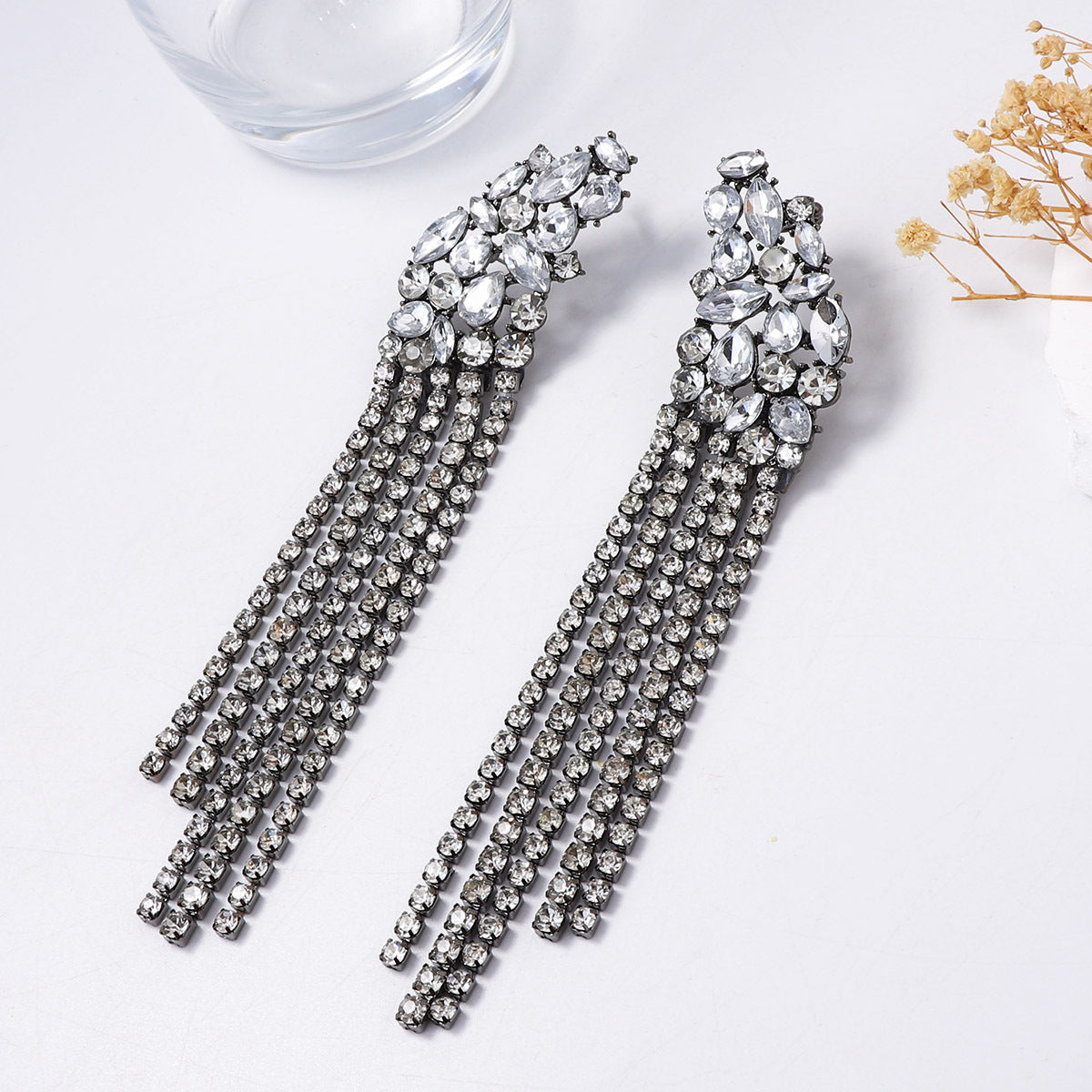 Exquisite Statement Alloy Crystal Tassel Pendant Earrings - Luxurious Jewelry for Evening Parties and Special Events