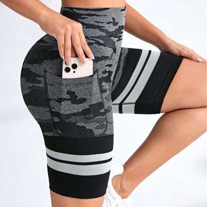 High Waisted Seamless Camouflage Yoga Shorts for Women Quick Dry Tummy Control Features Pockets for Gym Outdoor Activities