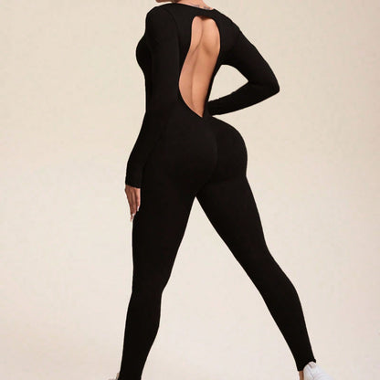 Seamless Sweat Wicking High Stretch Backless Long Sleeve Jumpsuit for Yoga Gym Workouts and Active Lifestyle