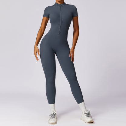 Women's Zip Front Short Sleeve Yoga Bodysuit and Comfortable All in One Fitness Outfit for Active Wear Model 8305