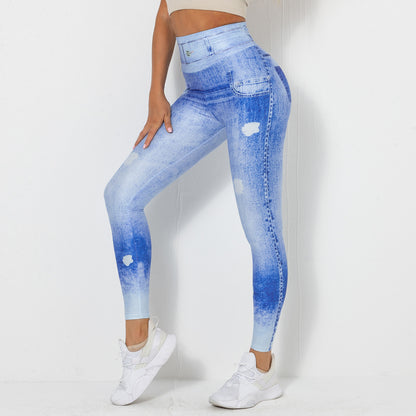 High Performance Digital Print Denim Blue Stretchy Yoga Pants for Women Quick Dry Comfortable Fitness and Running Leggings