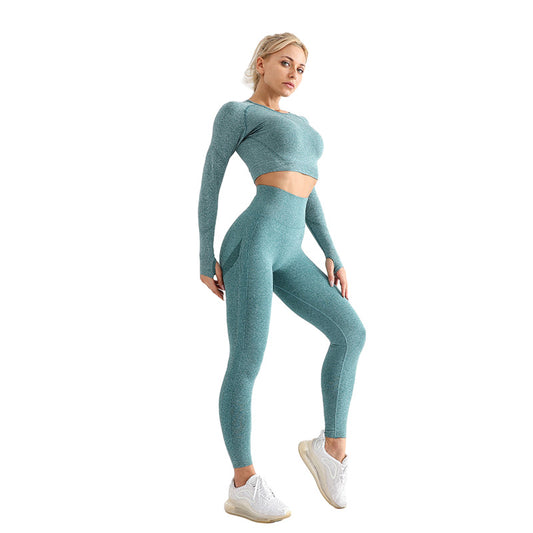 Seamless Peach Butt Long Sleeve Sports Top Breathable Quick Dry Leggings Set for Yoga and Fitness Enthusiasts