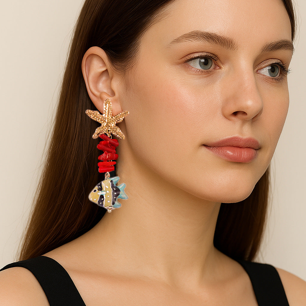 Stylish Summer Ocean-Inspired Alloy Starfish and Seashell Long Earrings with Colorful Fish - Trendy Unique Jewelry for Women