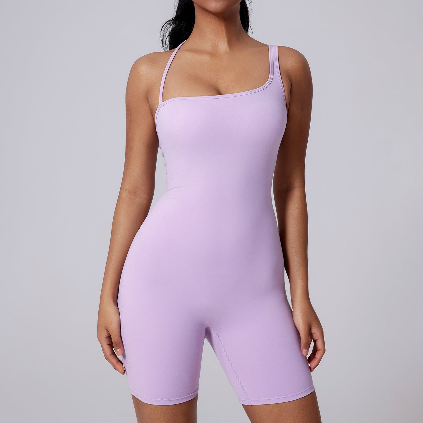 Asymmetric Back Yoga Bodysuit with Butt Lifting Features Hollow Out Dance and Workout One Piece Shorts