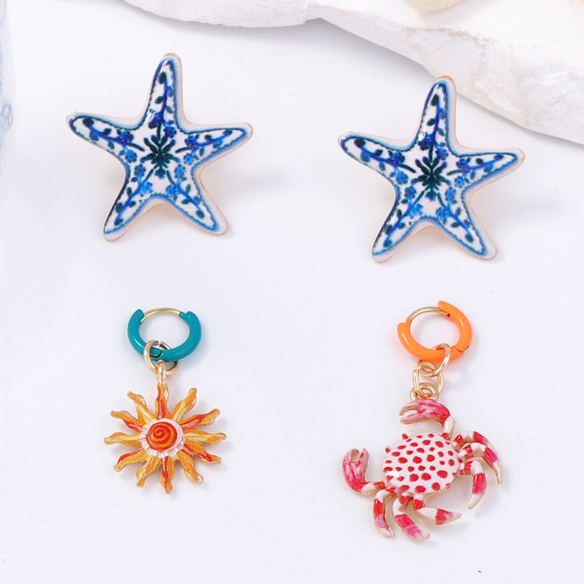 Chic and Artistic Drip Oil Design Alloy Starfish Crab Four-Piece Earring Set – Elegant and Versatile Accessories for Women