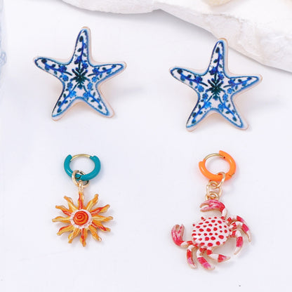 Chic and Artistic Drip Oil Design Alloy Starfish Crab Four-Piece Earring Set – Elegant and Versatile Accessories for Women