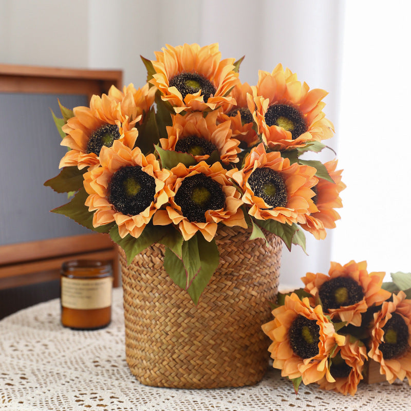 Vibrant 5-Pronged Sunflower Bouquet - Lifelike Decorative Flowers for Home Living Room Decor, Perfect for Photoshoots and Lasting Beauty