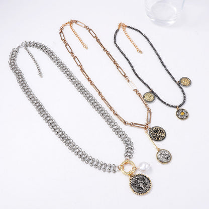 Exaggerated Casual Alloy Geometric Badge Coin Floral Pendant Multi-Layer Chain Necklace for Women - Trendy, Versatile, and Eye-Catching Statement Jewelry