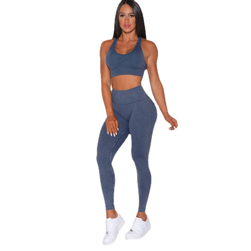 Seamless Sand Washed Yoga Outfit Set Women's Quick Dry Fitness Leggings and Supportive Sports Bra for Comfort and Performance