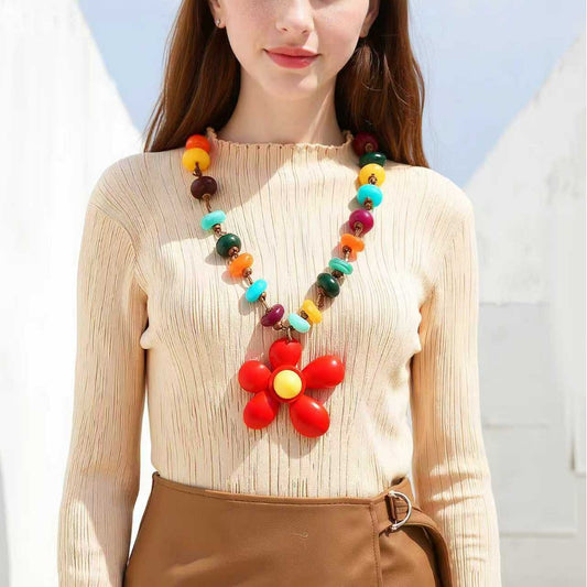 Bohemian Minimalist Colorful Beaded Necklace with Bold Floral Pendant - Stylish Statement Jewelry for Women