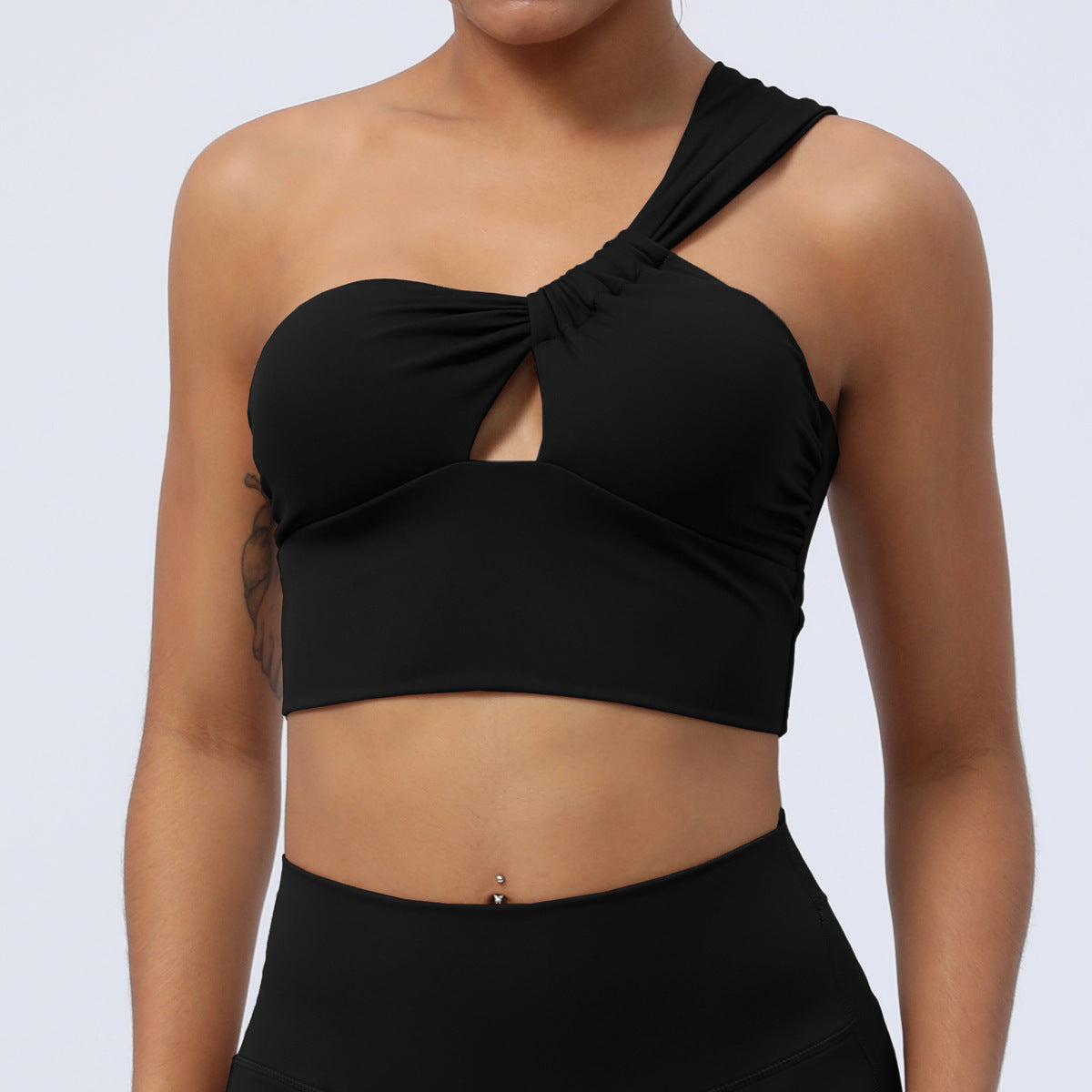 One Shoulder Ruched Cut Out Yoga Top with Removable Padding Irregular Sports Bra for Dance Training and Fitness Workouts for Women