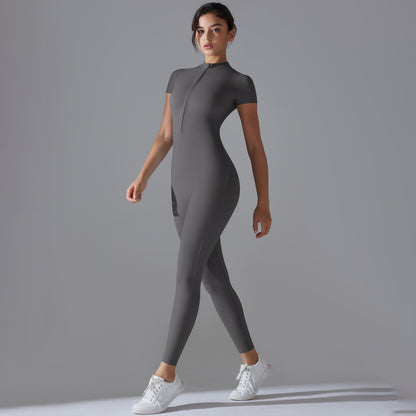 Open Collar Zippered Short Sleeve Bodysuit for Women for Dance Fitness and Yoga Form Fitting Activewear for Comfort and Performance