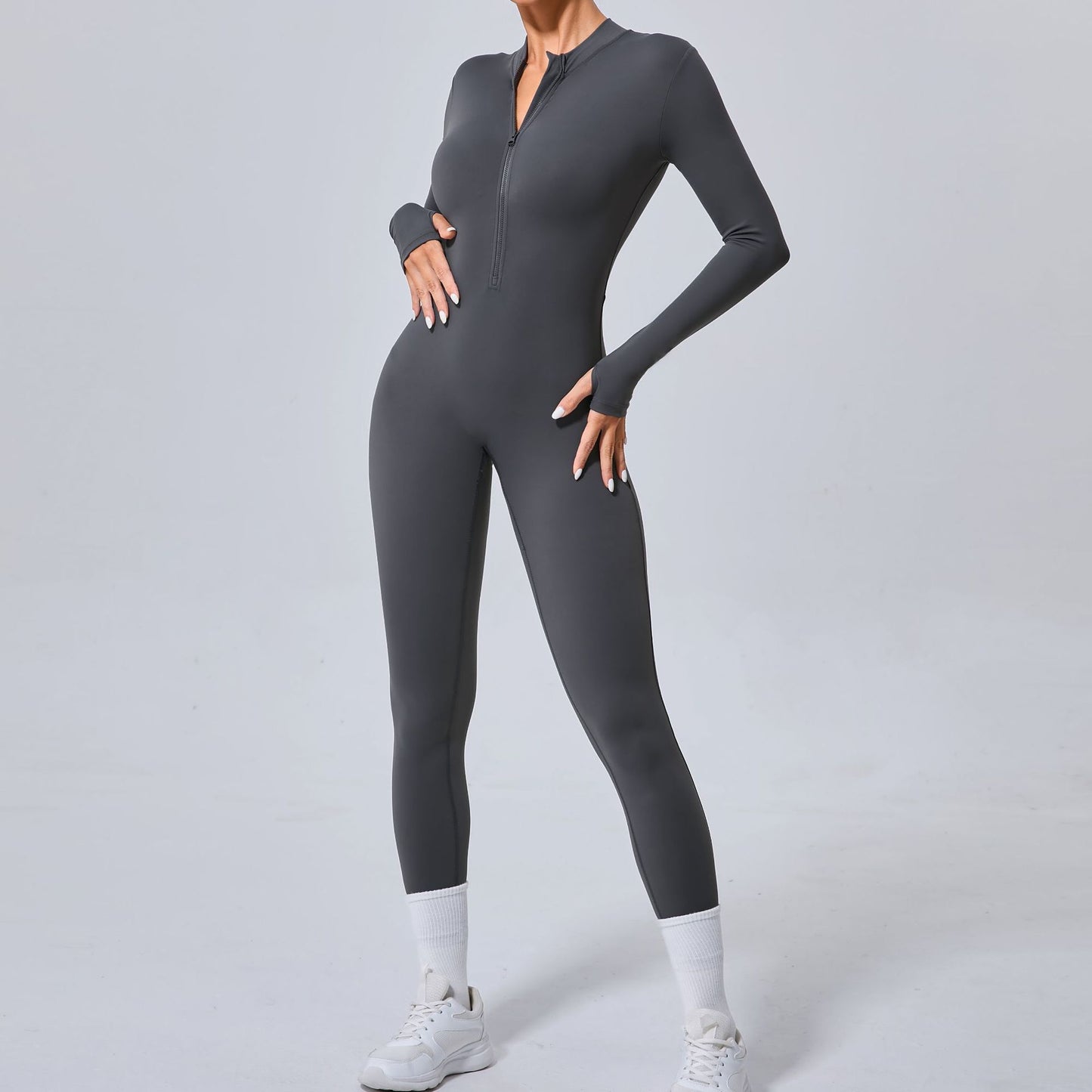 Form Fitting Women s Sports Bodysuit Without Cup Padding Long Sleeve Yoga Jumpsuit with Thumb Holes and Half Zip Front for Gym and Fitness Classes Model 5025