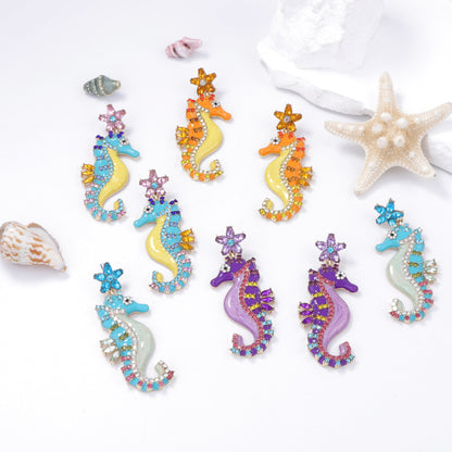 Chic Personality-Driven Lightweight Luxury Cute Seahorse Alloy Earrings with Sparkling Rhinestone Inlay - Perfect for Any Occasion!