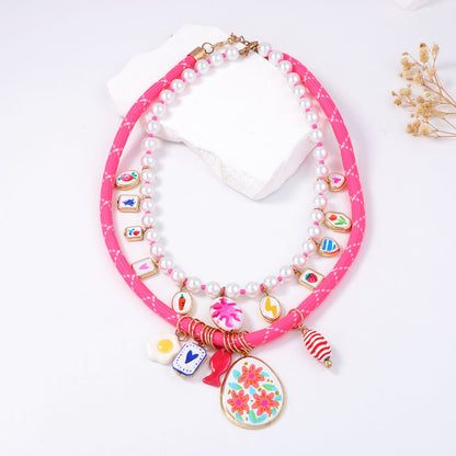 2-Piece Set of Elegant Faux Pearl Beaded Layered Pendant Necklaces - Trendy Multicolor Mixed Metal Jewelry for Women