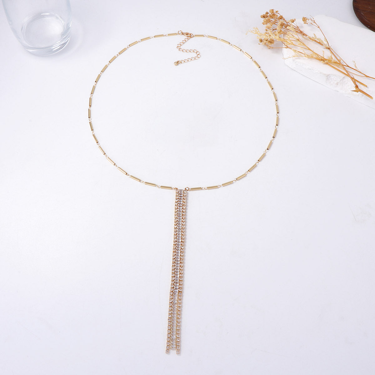 Elegant Minimalist Alloy Long Geometric Pendant Necklace with Zirconia Stones - Chic Sweater Chain for Effortless Style
