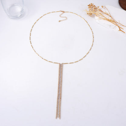 Elegant Minimalist Alloy Long Geometric Pendant Necklace with Zirconia Stones - Chic Sweater Chain for Effortless Style