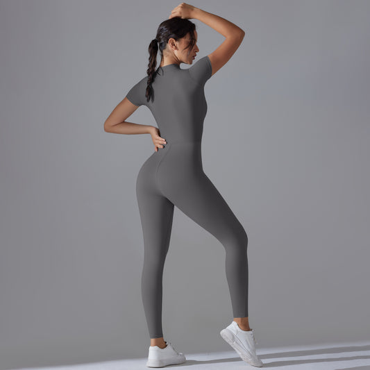 Open Collar Zippered Short Sleeve Bodysuit for Women for Dance Fitness and Yoga Form Fitting Activewear for Comfort and Performance