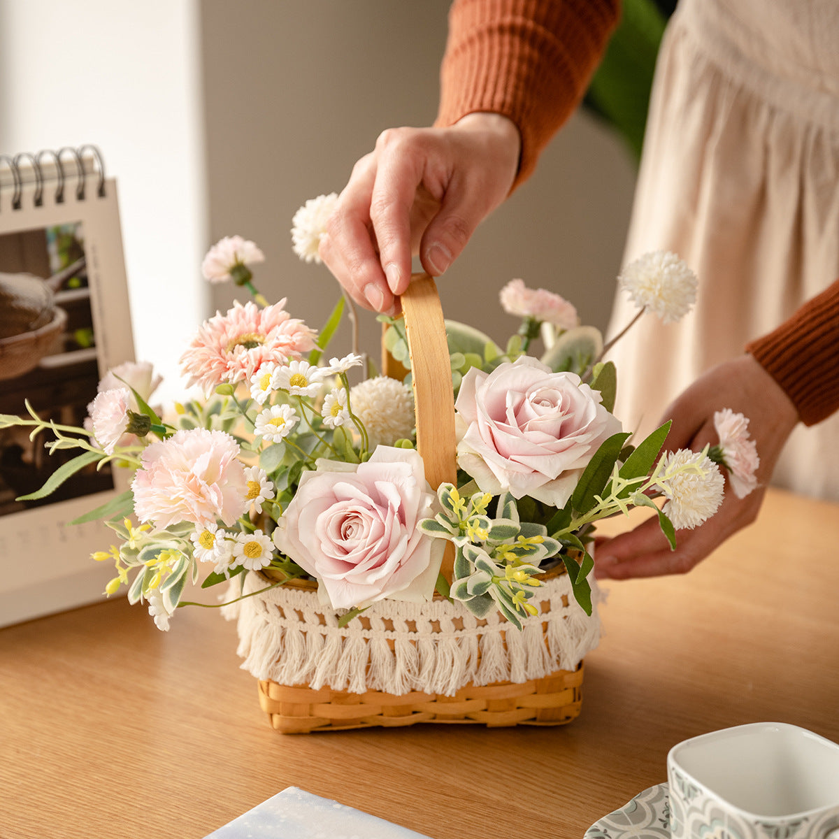 Beautiful Sunflower and Rose Handheld Flower Basket - Elegant Dry Flower Arrangement for Home, Office, and Store Decor | Perfect Gifts with Realistic Faux Flowers