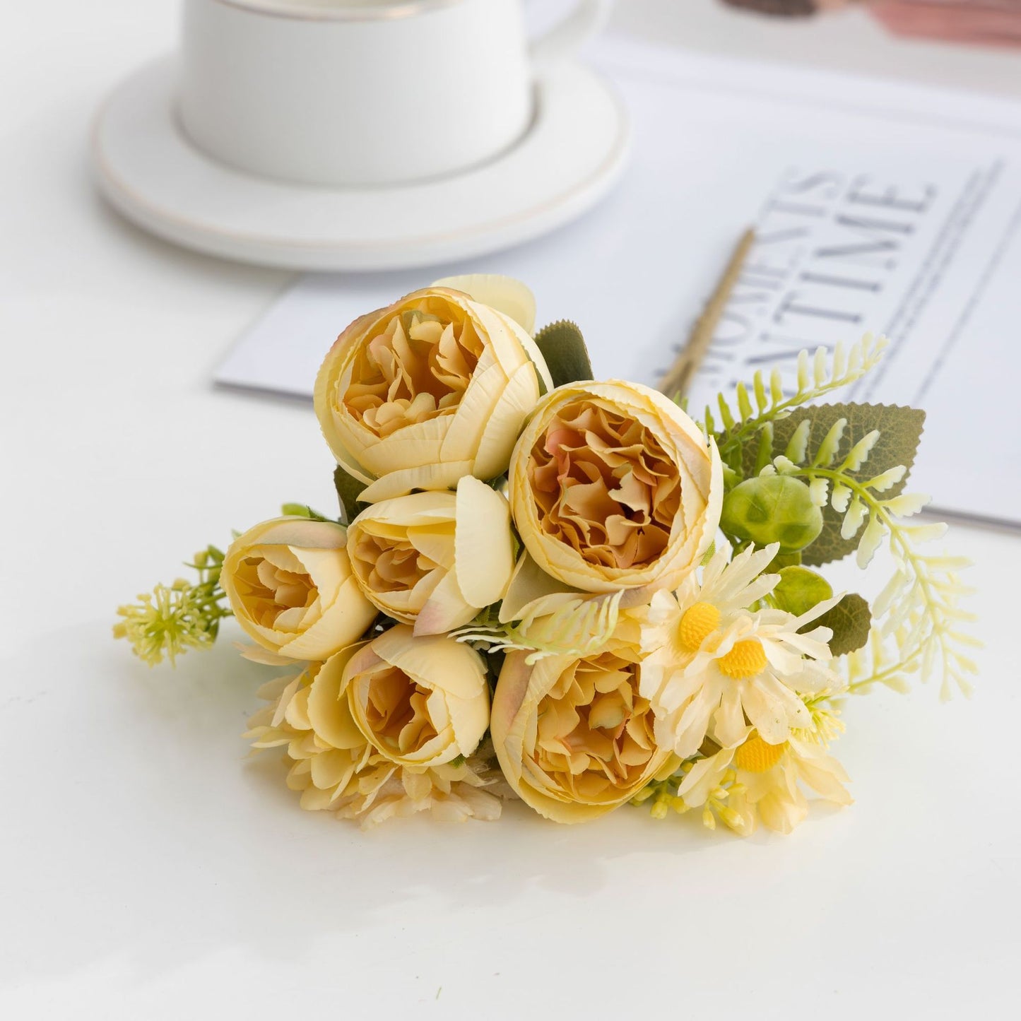 Stunning Artificial Floral Arrangement with Dried Peonies and Charming Little Daisies - Perfect Home Decor for Hotels and Living Spaces