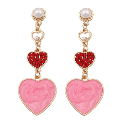 Stylish Creative Heart-Shaped Oil Drop Earrings with Colorful Rhinestones and Pearl Drops - Unique Alloy Design for Trendy Fashion Lovers
