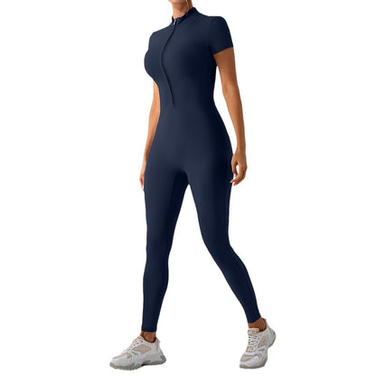 Zip Up Short Sleeve Yoga Bodysuit for Women Fitness Jumpsuit with Leggings for Active Lifestyle for Gym Workouts and Casual Wear