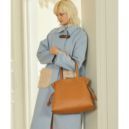 Minimalist Korean Inspired Genuine Leather Women's Bag Unique Wrinkled Design Tote with Drawstring Closure for Everyday Use