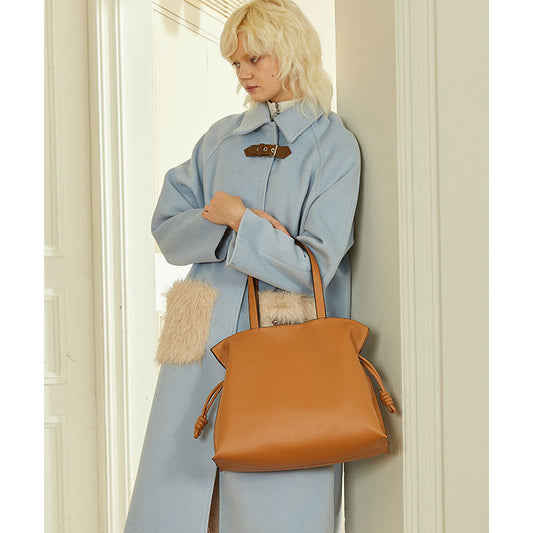 Minimalist Korean Inspired Genuine Leather Women's Bag Unique Wrinkled Design Tote with Drawstring Closure for Everyday Use