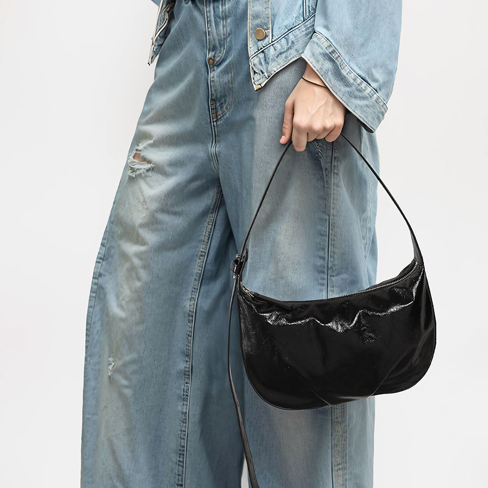 Crystal Oil Wax Cowhide Tote Bag for Women Chic Crossbody for Commuting Versatile Handbag with Luxe Design