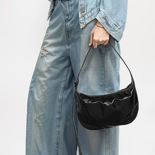 Crystal Oil Wax Cowhide Tote Bag for Women Chic Crossbody for Commuting Versatile Handbag with Luxe Design