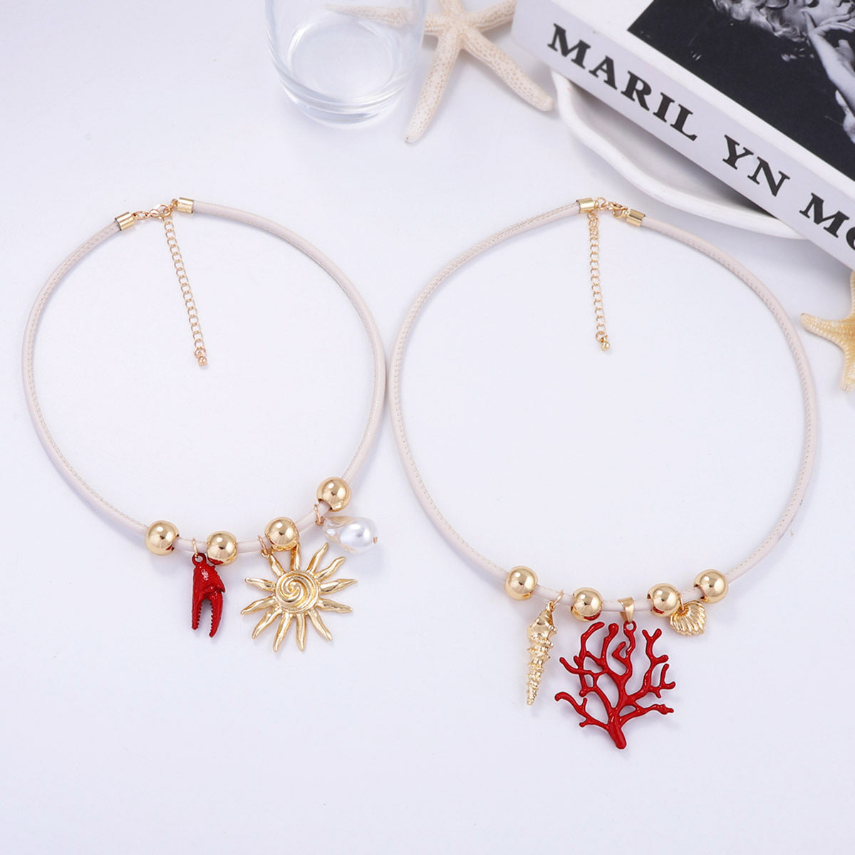 Stylish High-End Alloy Coral Sun Necklace with Imitation Pearls – Double Layered, Wearable with Leather Cord – Perfect Jewelry for Women