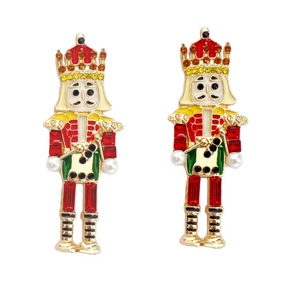 Stylish and Eye-Catching Oversized Alloy Nutcracker Soldier Earrings with Stunning Rhinestone Accents - Unique Creative Jewelry for Women