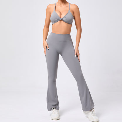 Adjustable Knotted Sports Bra and Fitted Yoga Set with Flared Legs Quick Dry Running Outfit for All Your Fitness Needs