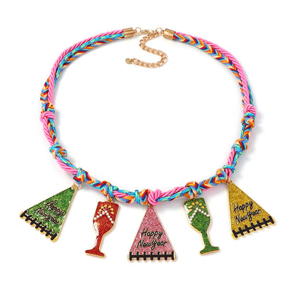 Handcrafted Minimalist Alloy Christmas Tree Wine Glass Pendant Necklace for Women – Perfect Festive Gift with Colorful Braided Rope Design