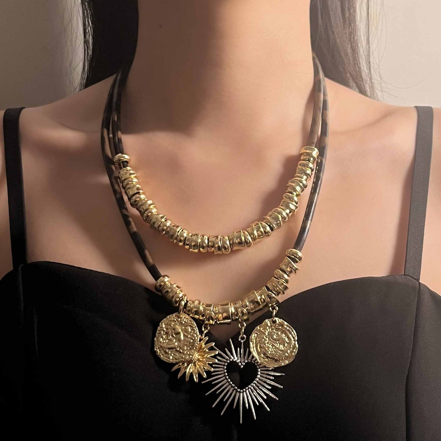 Chic Vintage-Inspired Double-Layer Alloy Pendant Necklace with Heart and Geometric Cut-Outs | Stylish Leather Chain for Women