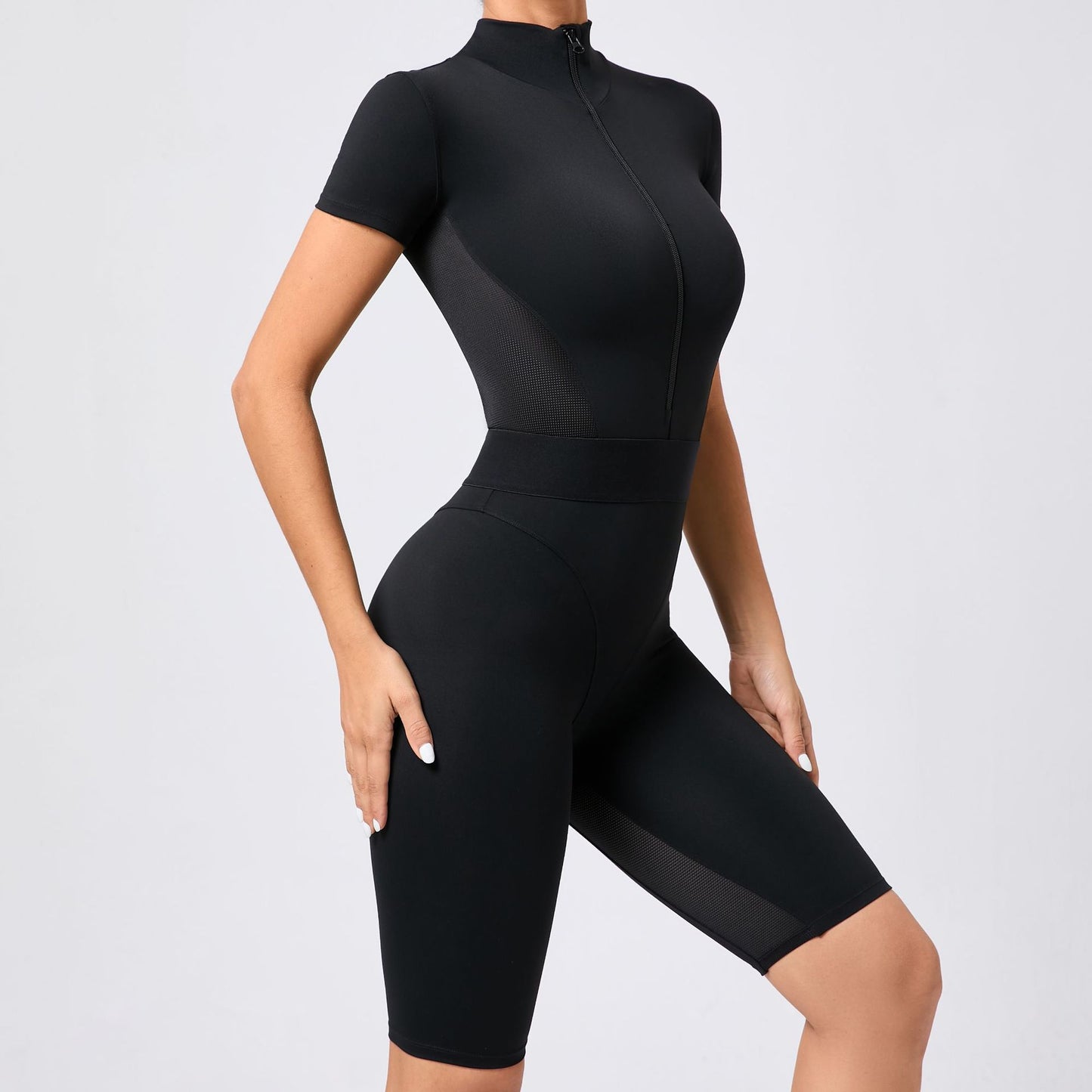 Women s High Waisted Zippered Short Sleeve Yoga Jumpsuit Breathable Mesh Fitness Bodysuit for Comfort and Style