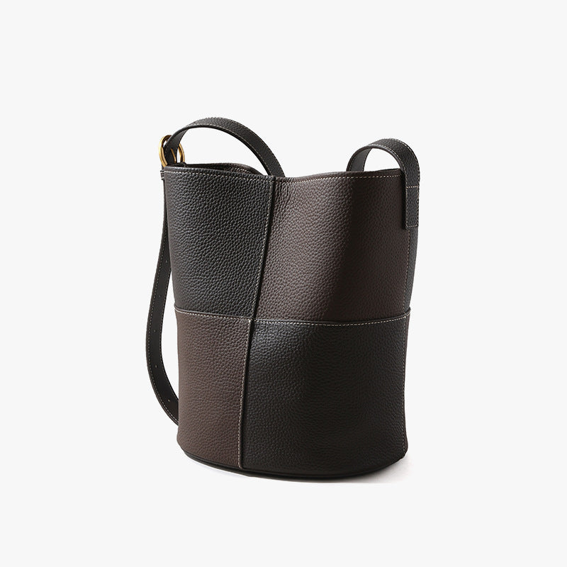 Chic Two Tone Bucket Bag in First Layer Leather Versatile Shoulder and Crossbody Handbag for Modern Style