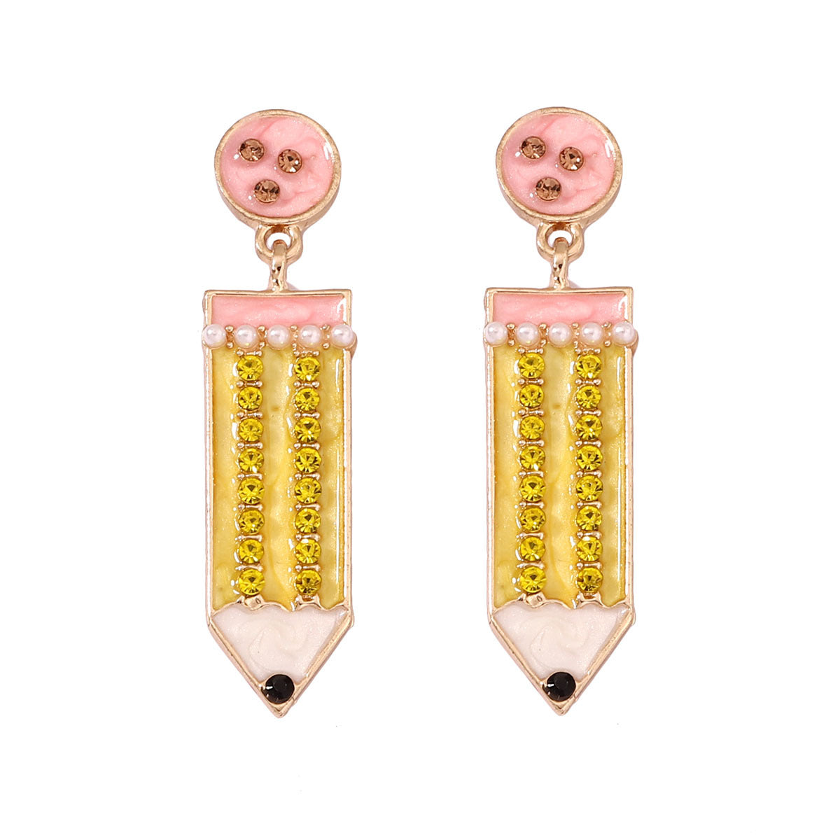 Cute Back-to-School Enamel Pencil Earrings with Rhinestones - Trendy Jewelry for Girls and Women - Perfect Accessory for School Spirit and Fashion