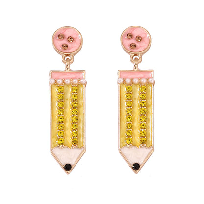 Cute Back-to-School Enamel Pencil Earrings with Rhinestones - Trendy Jewelry for Girls and Women - Perfect Accessory for School Spirit and Fashion