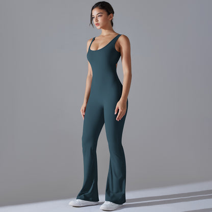 Beautiful Hollow Back Bodysuit for Women Peach Cutting High Waisted Sports Jumpsuit with Flared Pants and Butt Lifting Design for Yoga Gym and Activewear