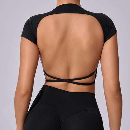 Open Back Sports Tee with Removable Chest Pad Cross Back Design for Versatile Yoga and Fitness Wear for Women