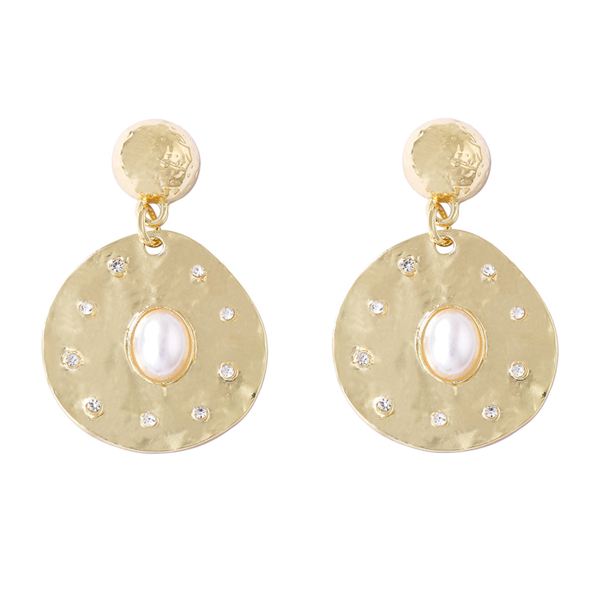 MG Spanish Vintage-Inspired Retro Wrinkled Zirconia-Studded Faux Pearl Geometric Irregular Round Earrings - Elegance Meets Unique Design
