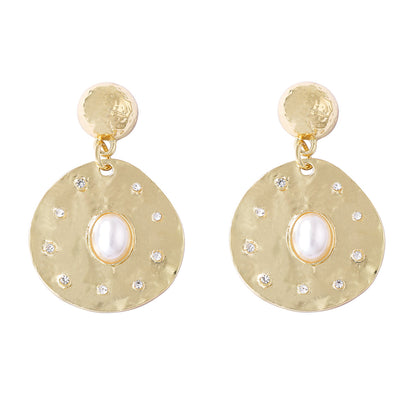 MG Spanish Vintage-Inspired Retro Wrinkled Zirconia-Studded Faux Pearl Geometric Irregular Round Earrings - Elegance Meets Unique Design